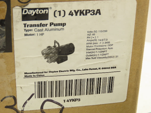 Dayton 4YKP3A Transfer Pump 1Hp 72gpm 115/230V 3450RPM
