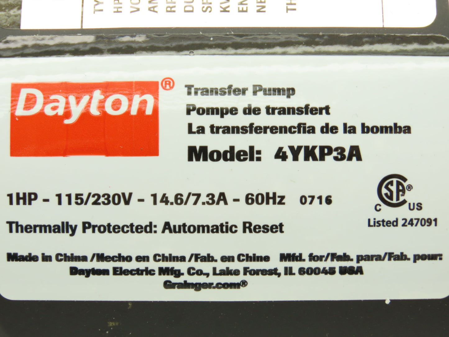 Dayton 4YKP3A Transfer Pump 1Hp 72gpm 115/230V 3450RPM