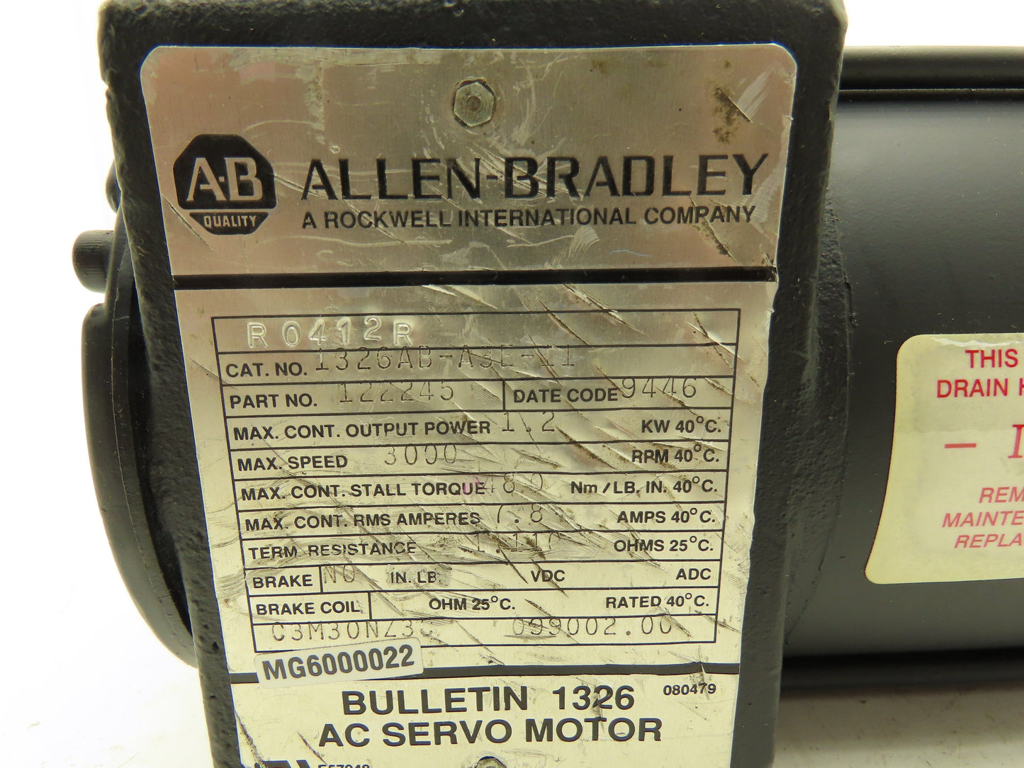 Allen Bradley 1326AB-A3E-11 AC Servo Motor 1.2Kw 3000rpm 480/360v 3ph