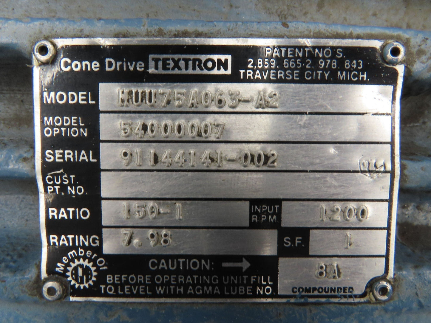 Textron Cone Drive MUU75A063-A2 Double Reduction Gearbox 150:1 Reducer 8rpm 8Hp