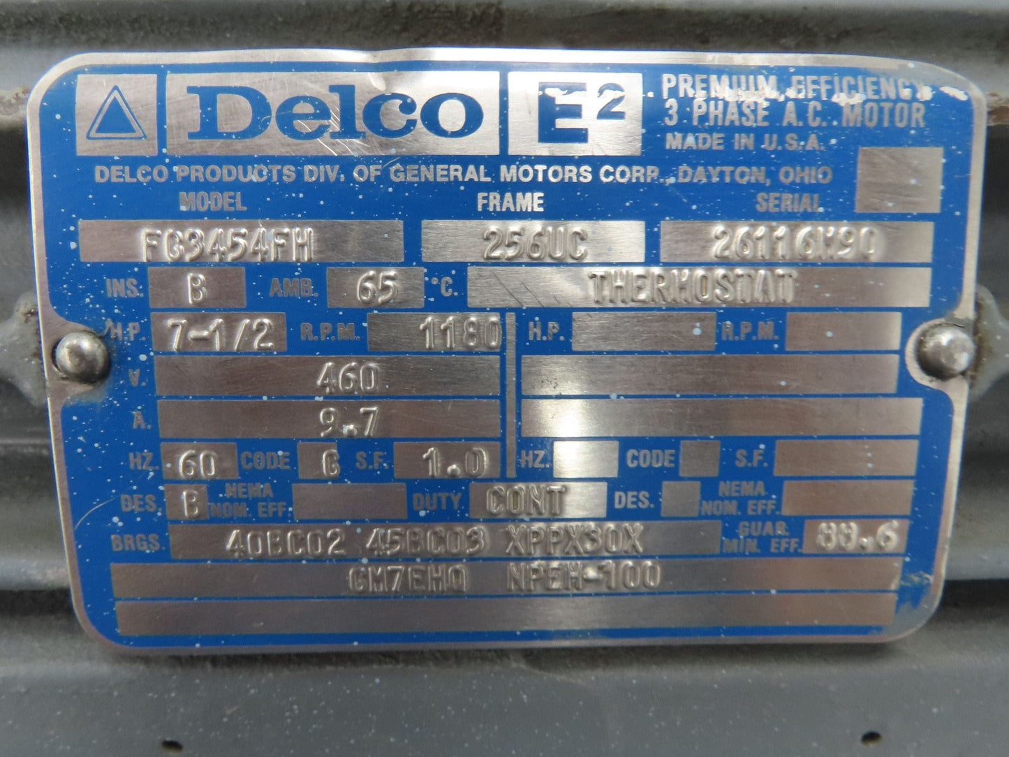 GM Delco FG3454FH Electric AC Motor 7.5Hp 1200 RPM 460V 3PH 256UC Frame