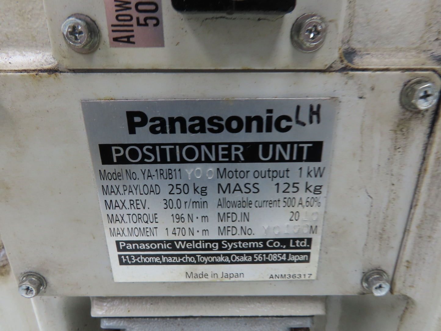 Panasonic YA-1RJB11 Welder Single Axis Positioner Unit 1kw 250kg 30r/min 500A