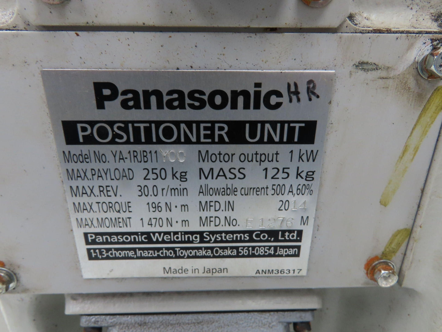 Panasonic YA-1RJB11 Welder Single Axis Positioner Unit 1kw 250kg 30r/min 500A