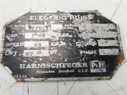 P&H Cleveland Tramrail 1 Ton Bridge Crane Hoist Cable Reel Drum 27' Lift