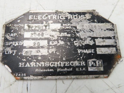 P&H Cleveland Tramrail 1 Ton Bridge Crane Hoist Cable Reel Drum 27' Lift