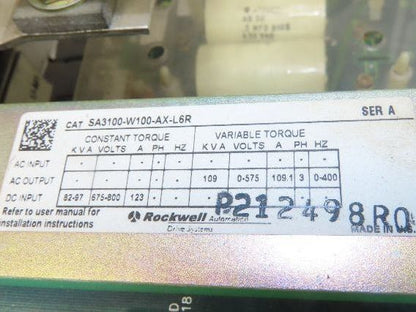 Allen Bradley SA3100-W100 Rockwell VFD Drive Regenerative Inverter 100Hp 575V