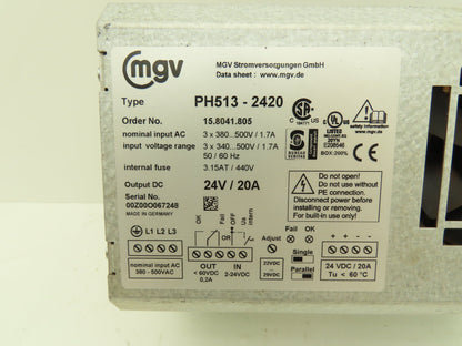 MGV PH513-2420 Power Supply 3Ph 380-500v In 24vDC 20A Out