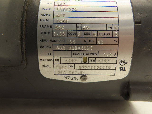 Baldor KL3405 AC Motor 1/3Hp 3450rpm 115/230v 1ph 56CTEFC