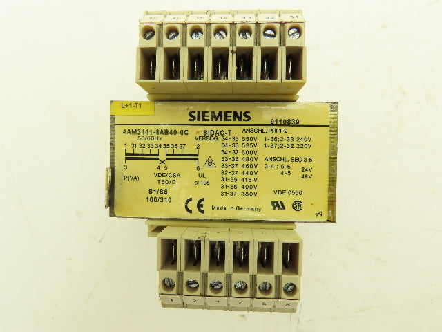Siemens 4AM3441-8AB40-0C SIDAC-T Transformer 220-550v Pri 24/48v Sec 160VA
