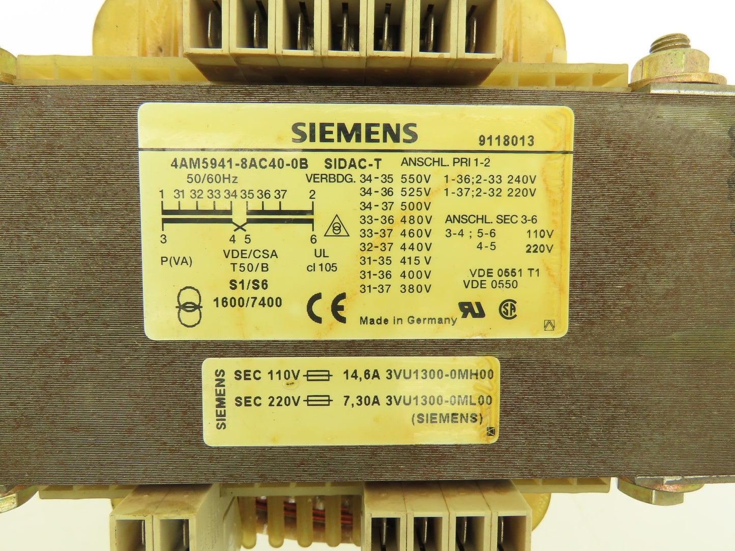 Siemens 4AM5941-8AC40-0B SIDAC-T Transformer 220-550v Pri 110/220v Sec 1.6kVA