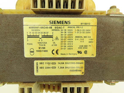 Siemens 4AM5941-8AC40-0B SIDAC-T Transformer 220-550v Pri 110/220v Sec 1.6kVA