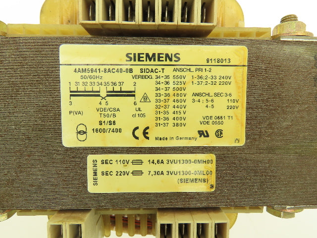 Siemens 4AM5941-8AC40-0B SIDAC-T Transformer 220-550v Pri 110/220v Sec 1.6kVA