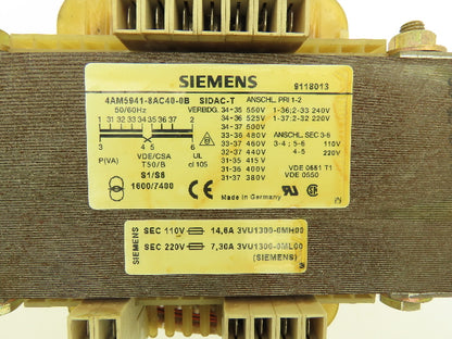 Siemens 4AM5941-8AC40-0B SIDAC-T Transformer 220-550v Pri 110/220v Sec 1.6kVA