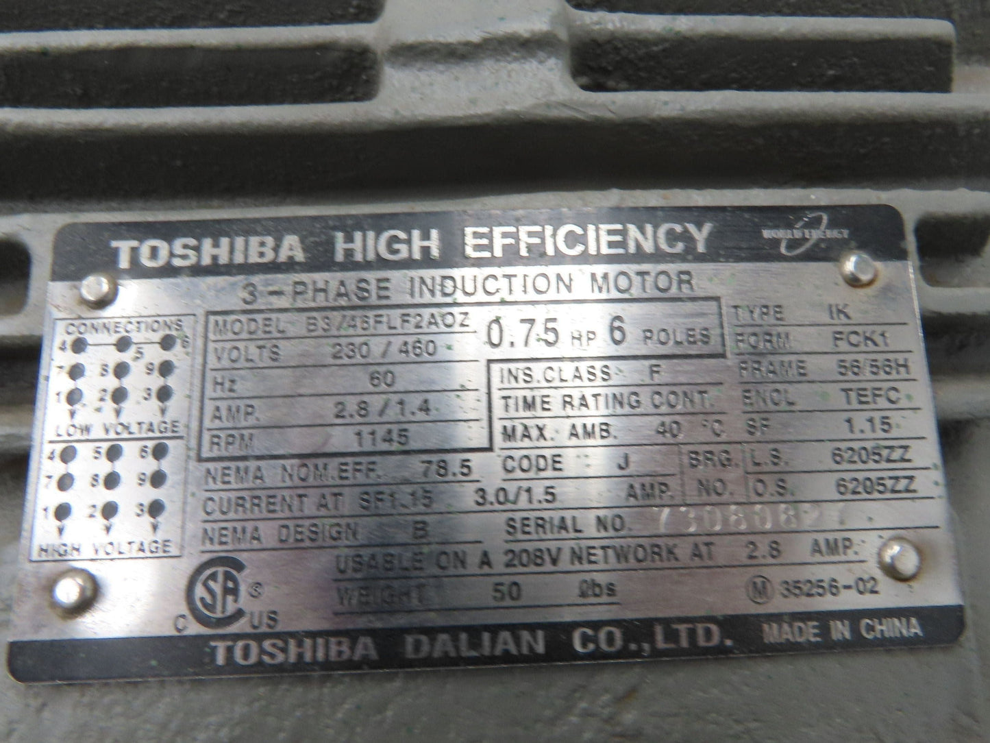 Toshiba B3/46FLF2AOZ AC Motor .75Hp 1145rpm 230/460v