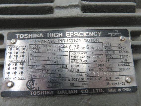 Toshiba B3/46FLF2AOZ AC Motor .75Hp 1145rpm 230/460v