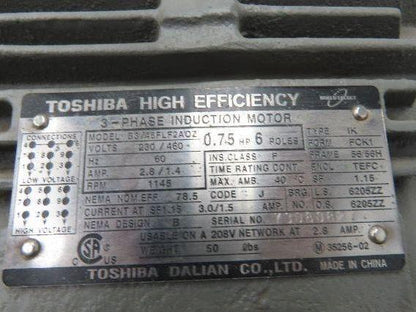 Toshiba B3/46FLF2AOZ AC Motor .75Hp 1145rpm 230/460v
