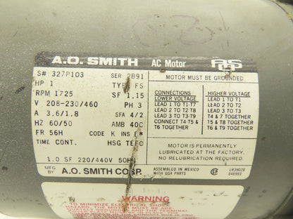 A.O. Smith 327P103 AC Motor 1Hp 1725rpm 208-230/460v 3ph 56H TEFC