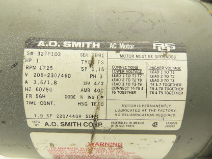 A.O. Smith 327P103 AC Motor 1Hp 1725rpm 208-230/460v 3ph 56H TEFC