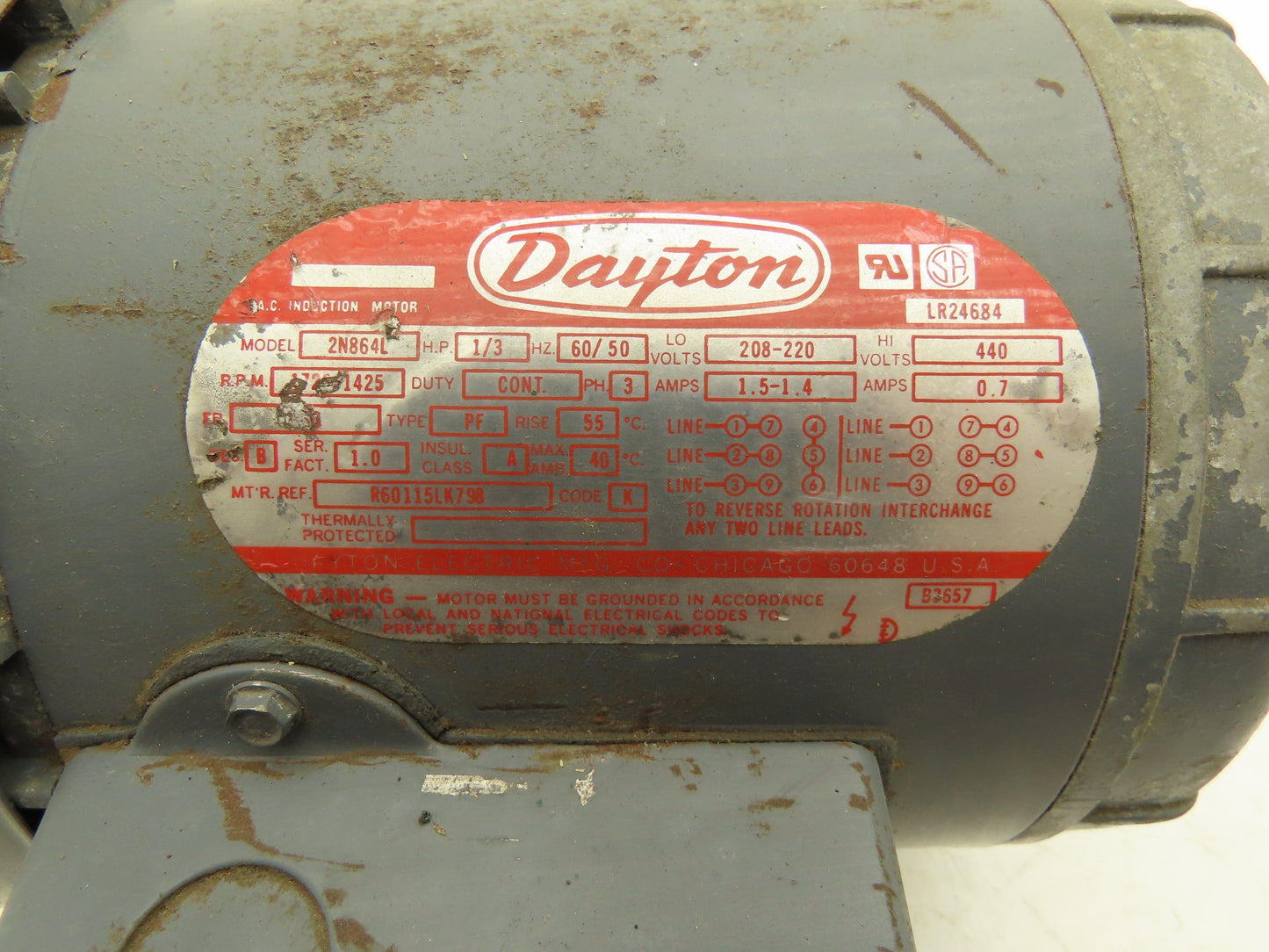 Dayton 2N864L AC Motor 1/3Hp 1725/1425rpm 208-220/440v 3ph D56 PF