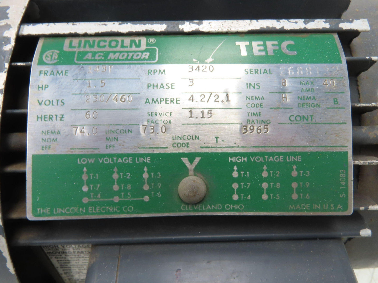 Lincoln T-3965 AC Motor 1.5Hp 3420rpm 230/460v 3ph 56C TEFC