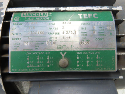 Lincoln T-3965 AC Motor 1.5Hp 3420rpm 230/460v 3ph 56C TEFC
