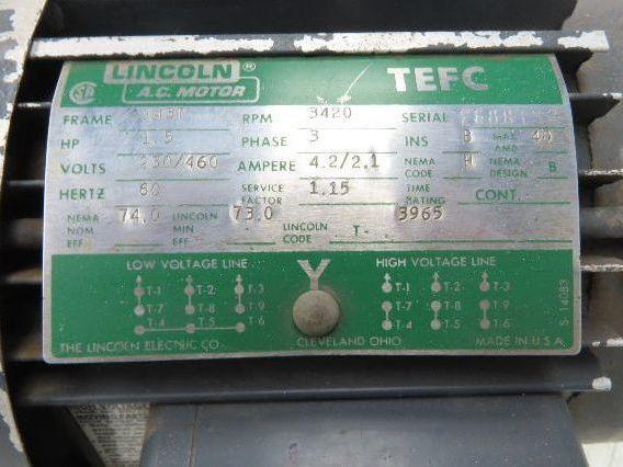 Lincoln T-3965 AC Motor 1.5Hp 3420rpm 230/460v 3ph 56C TEFC