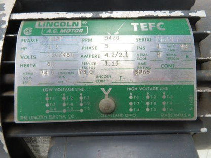 Lincoln T-3965 AC Motor 1.5Hp 3420rpm 230/460v 3ph 56C TEFC