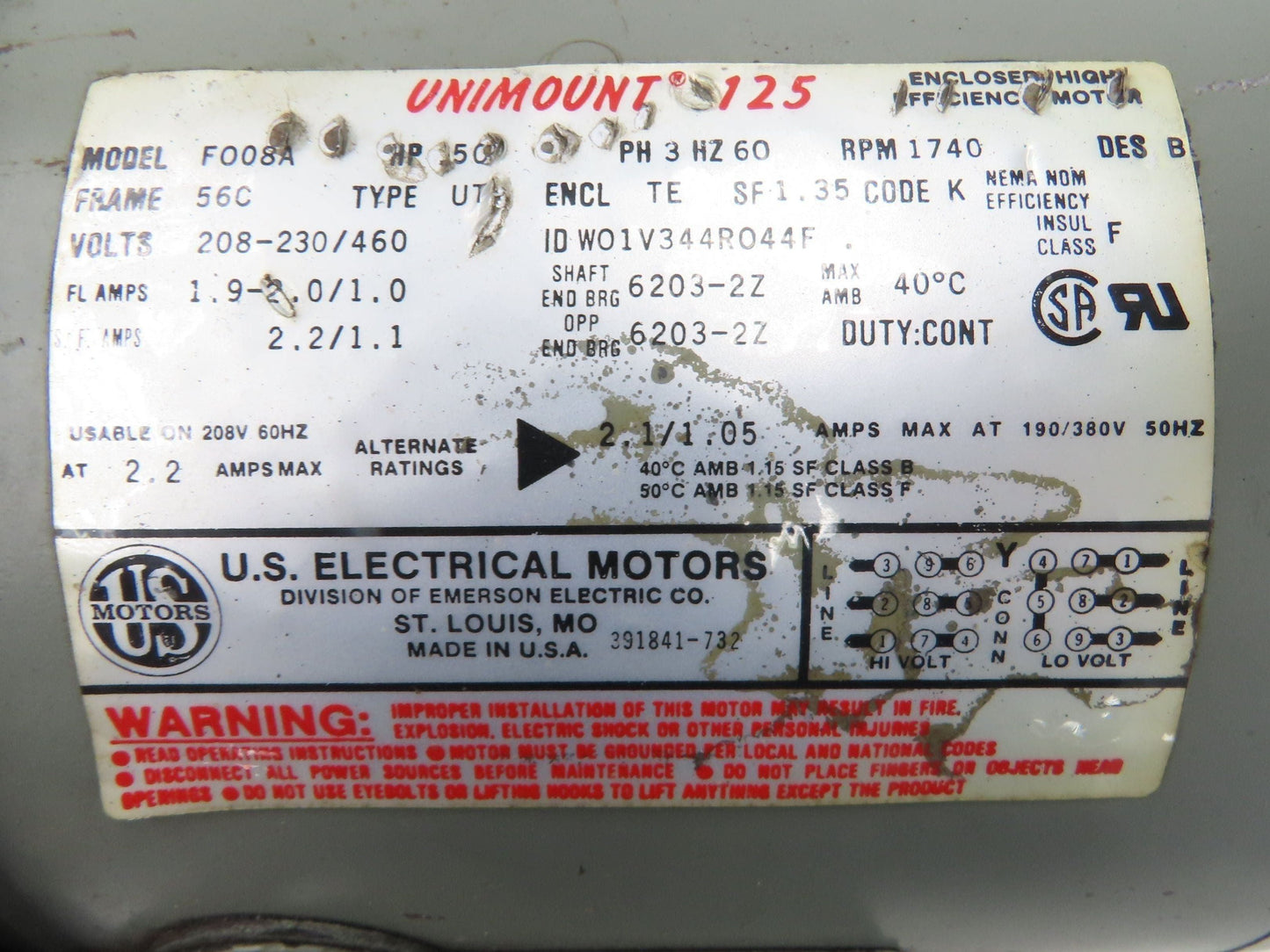 US Motors F008A Unimount 125 Gearmotor 10:1 Reducer .5Hp 230/460V 56C Dual Shaft