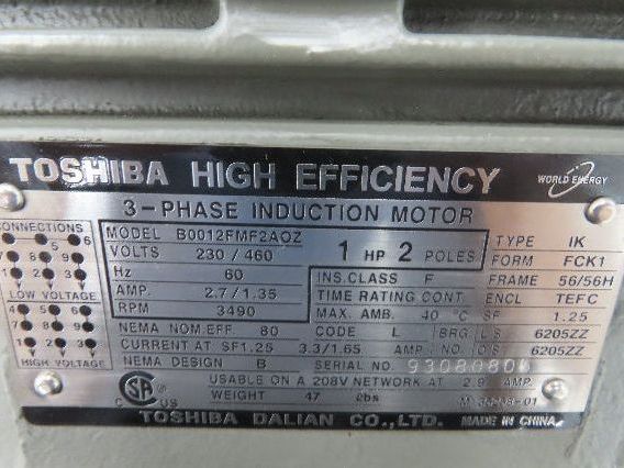 Toshiba B0012FMF2AOZ AC Motor 1Hp 3490rpm 230/460v 3ph 56/56H TEFC