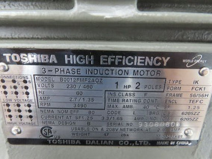 Toshiba B0012FMF2AOZ AC Motor 1Hp 3490rpm 230/460v 3ph 56/56H TEFC
