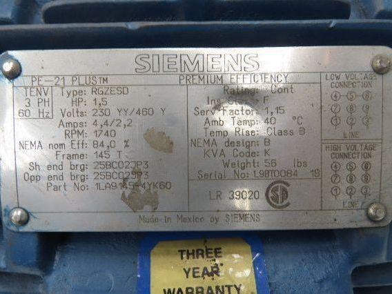 Siemens PE-21 Plus AC Motor 1.5Hp 1740rpm 230/460v 3ph 143TC TENV
