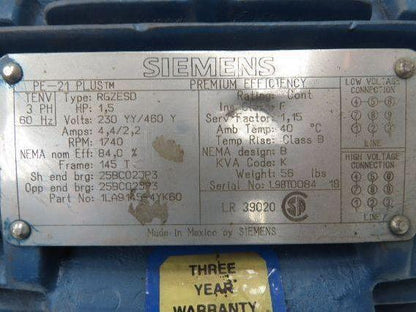 Siemens PE-21 Plus AC Motor 1.5Hp 1740rpm 230/460v 3ph 143TC TENV