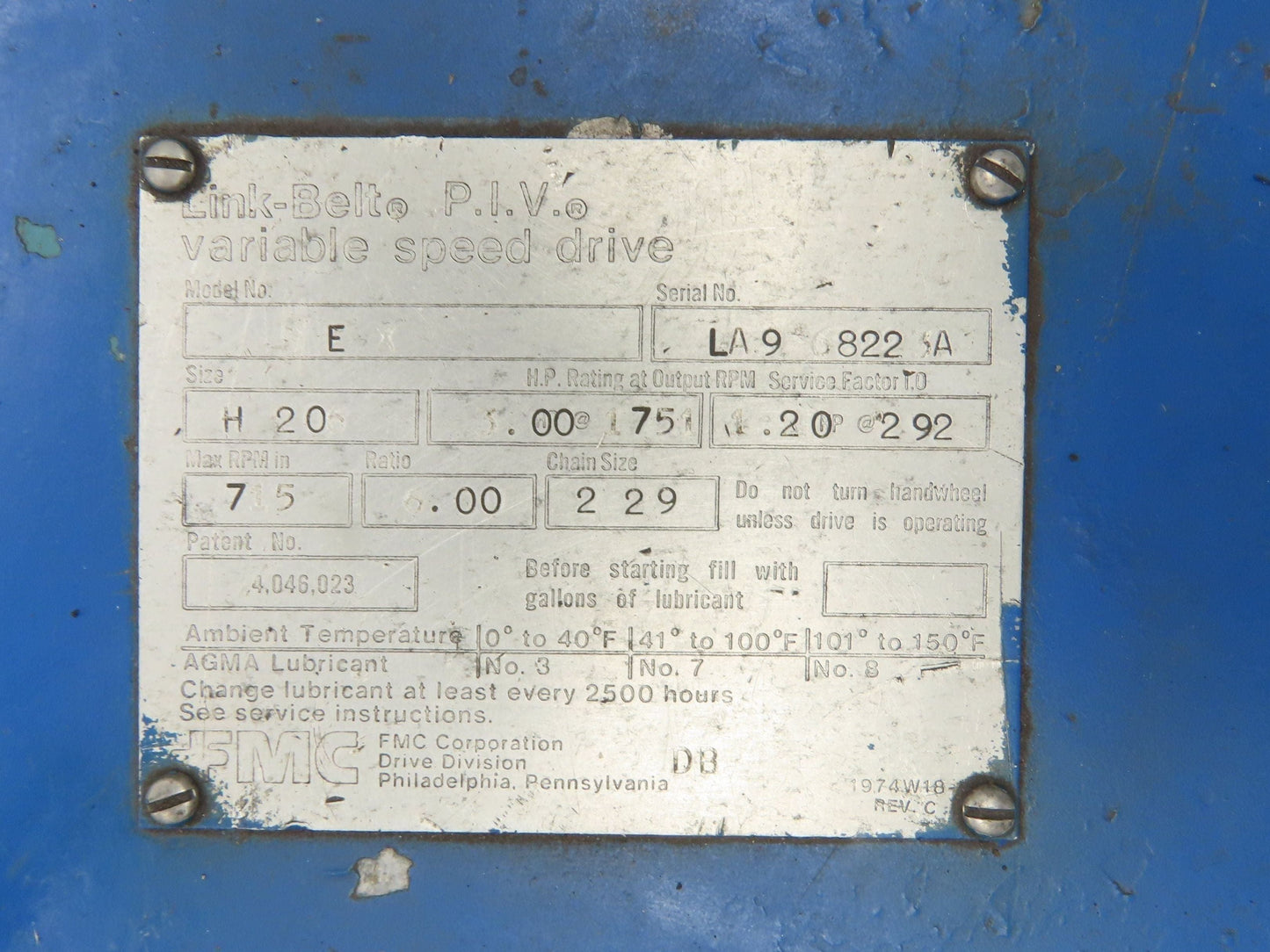 Link-Belt PIV 200 Variable Speed Chain Gear Drive Gearbox 6:1 Reducer H206