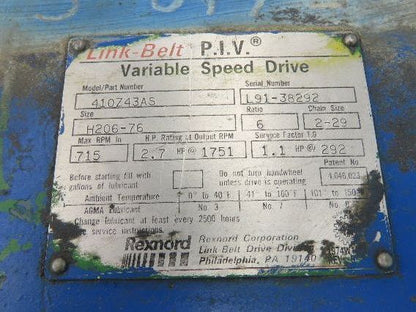 Link-Belt PIV 200 Variable Speed Chain Gear Drive Gearbox 6:1 Reducer H206-76