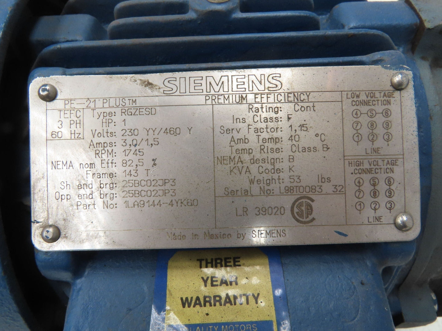 Siemens PE-21 Plus AC Motor 1Hp 1745rpm 230/460v 3ph 143TC TENV