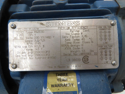Siemens PE-21 Plus AC Motor 1Hp 1745rpm 230/460v 3ph 143TC TENV