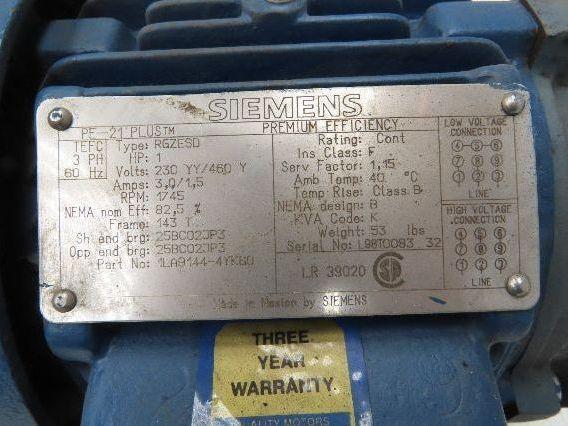 Siemens PE-21 Plus AC Motor 1Hp 1745rpm 230/460v 3ph 143TC TENV