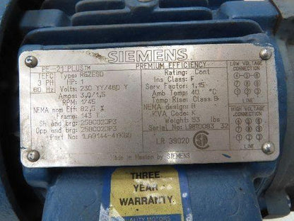 Siemens PE-21 Plus AC Motor 1Hp 1745rpm 230/460v 3ph 143TC TENV