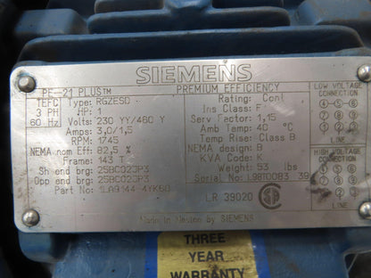 Siemens PE-21 Plus AC Motor 1Hp 1745rpm 230/460v 3ph 143TC TENV