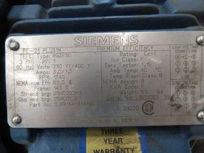 Siemens PE-21 Plus AC Motor 1Hp 1745rpm 230/460v 3ph 143TC TENV
