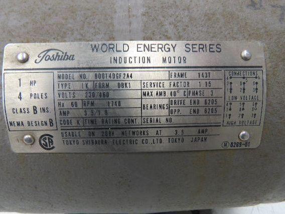 Toshiba B0014DGF2A4 AC Motor 1Hp 1740rpm 230/460V 3ph 143T DBK1