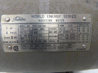 Toshiba B0014DGF2A4 AC Motor 1Hp 1740rpm 230/460V 3ph 143T DBK1