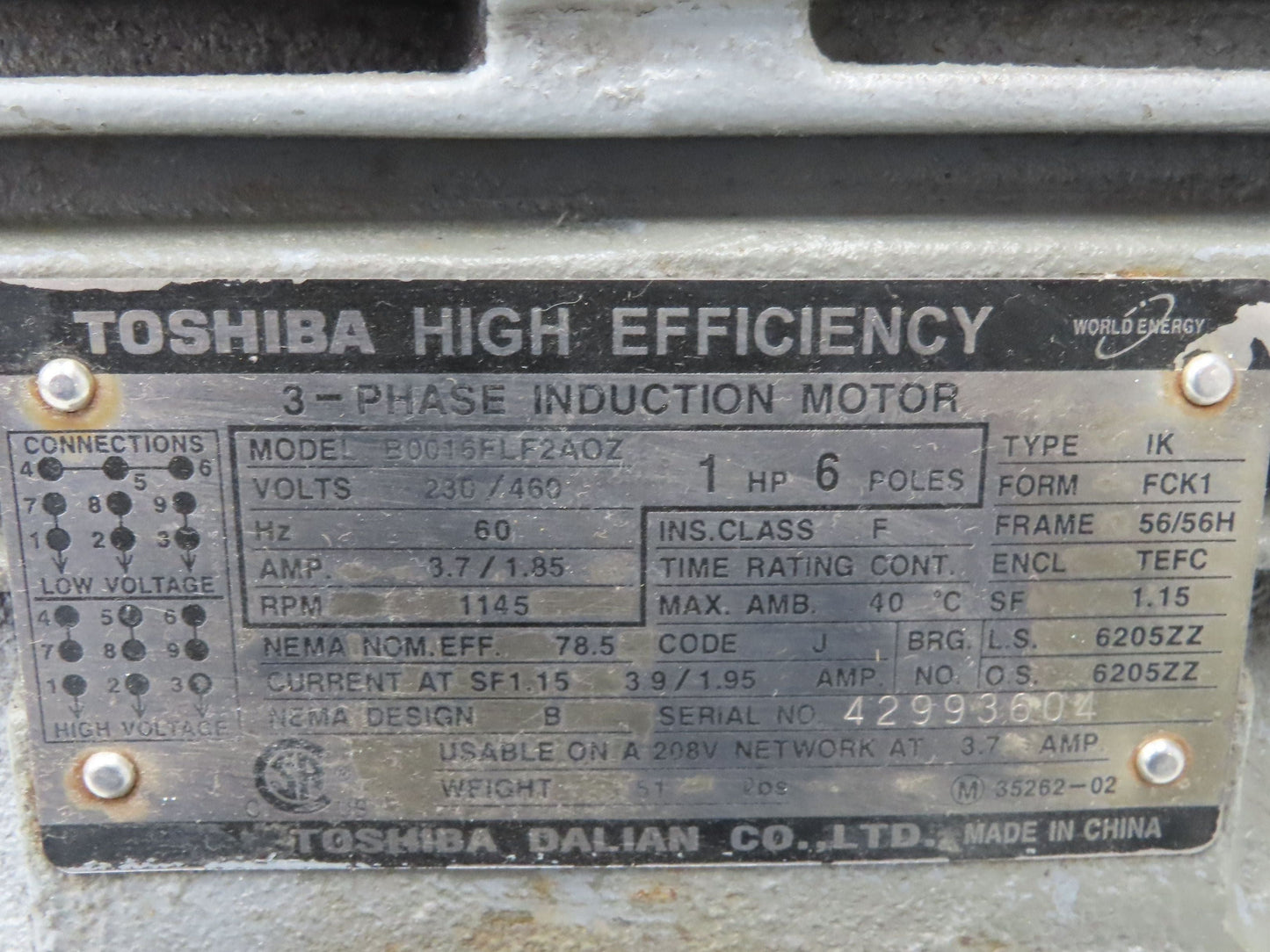 Toshiba B0016FLF2AOZ AC Motor 1Hp 1145rpm 230/460v 3ph 56/56H TEFC