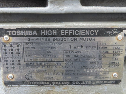 Toshiba B0016FLF2AOZ AC Motor 1Hp 1145rpm 230/460v 3ph 56/56H TEFC