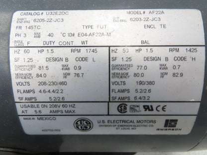 US Motors U32E2DC Brake Motor 1.5Hp 1745rpm 230/460V 3PH 145TC Shur-Stop Brake