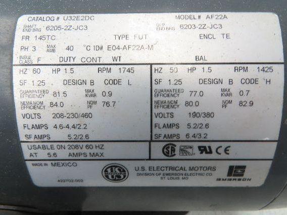 US Motors U32E2DC Brake Motor 1.5Hp 1745rpm 230/460V 3PH 145TC Shur-Stop Brake