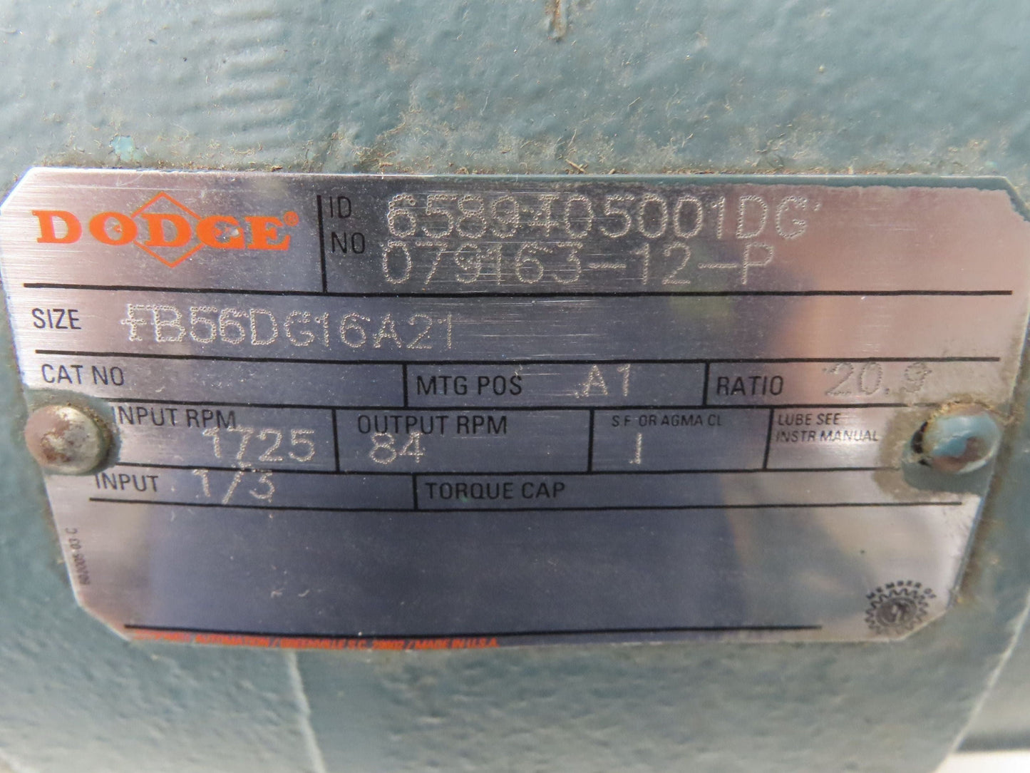 Dodge Reliance FB56DG16A21 Inline Gearmotor 20.9 Reducer .3Hp 84rpm 230/460v 3ph