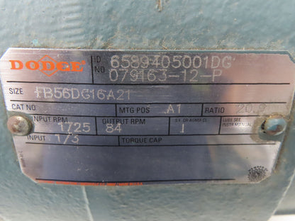 Dodge Reliance FB56DG16A21 Inline Gearmotor 20.9 Reducer .3Hp 84rpm 230/460v 3ph