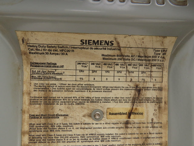 Siemens HFC361R Safety Disconnect Switch 30A Fusible 600V 3ph Up to 7-1/2Hp