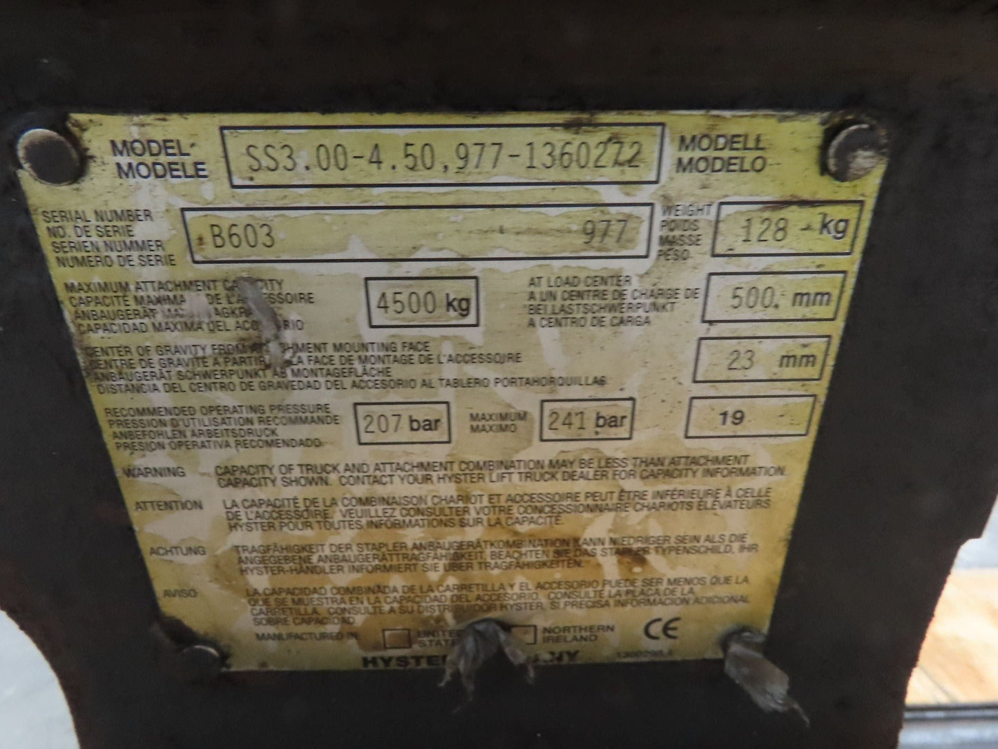 Hyster Forklift Class 3 SideShift Attachment 20" x 38.5" Wide 9900lbs 4500kg